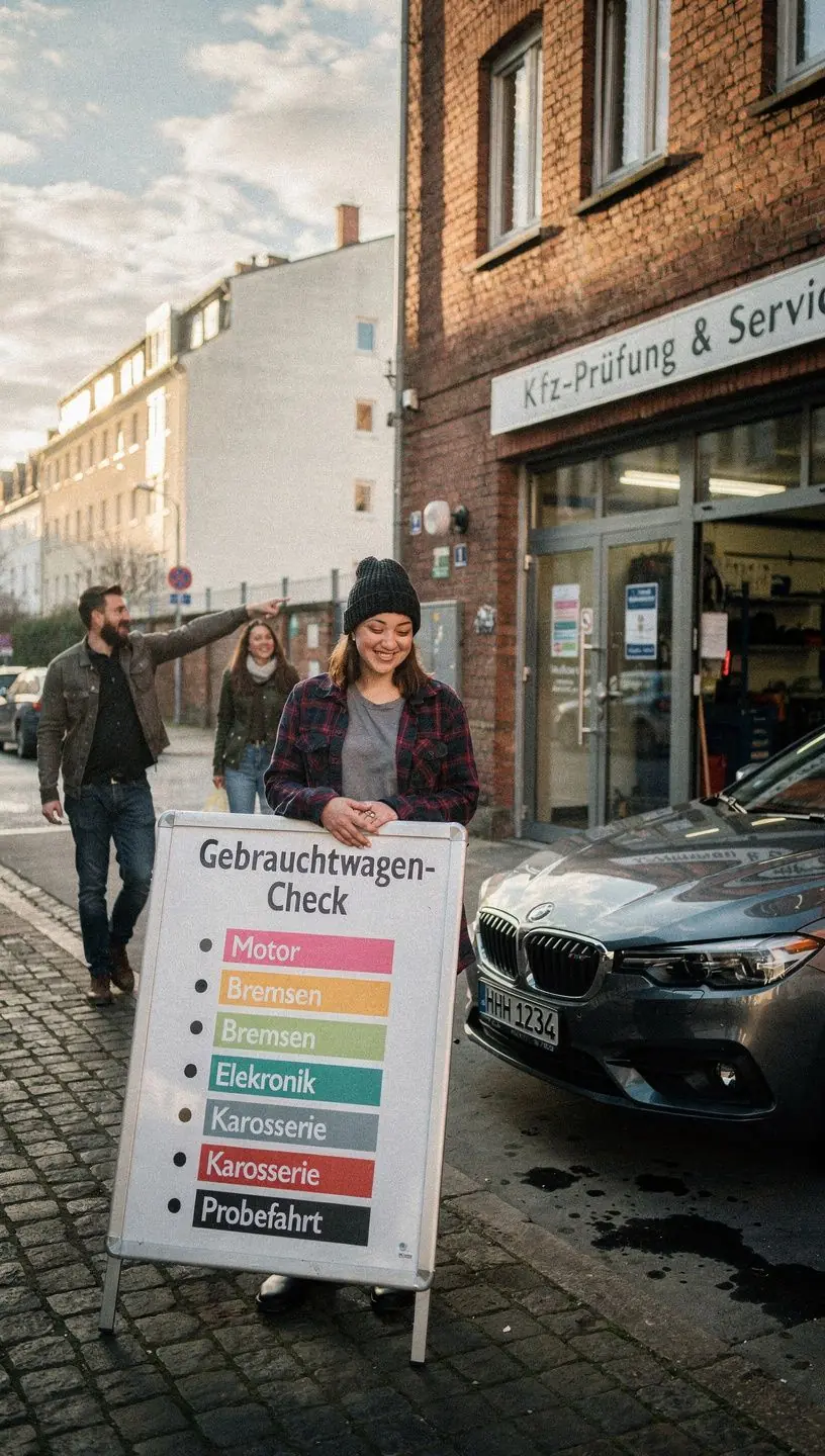 Strukturierte Fahrzeuguntersuchung zur Gebrauchtwagenbewertung in einer Werkstatt in Deutschland.